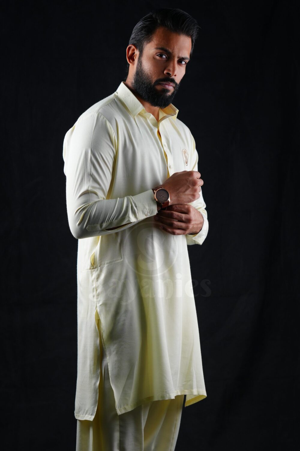 Men's Cream Unstitched Kurta Shalwar view 3